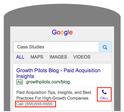 Smartphone screen showing Google search results for Case Studies highlighting the call feature.