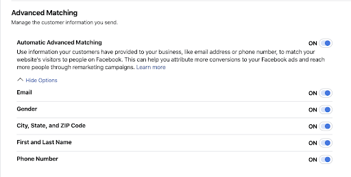 Facebook ads advance matching set up.